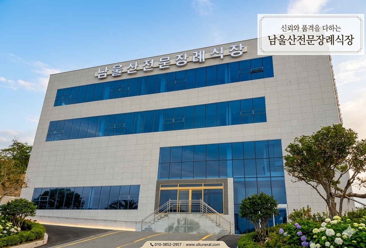 푸른 유리창과 정면 계단이 보이는 장례식장 외관
